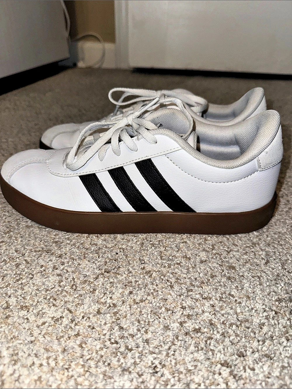adidas Three-Stripe Sneakers in White & Brown